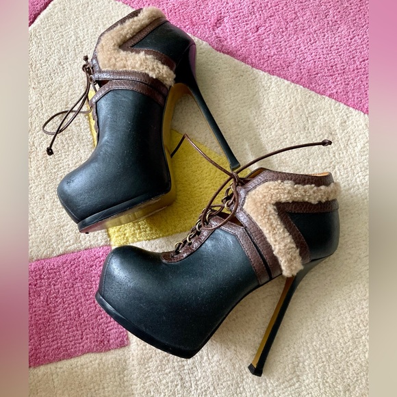 Yves Saint Laurent YSL Black Brown Shearling Trim Tribute Heel Bootie Ankle 37 - Picture 3 of 10